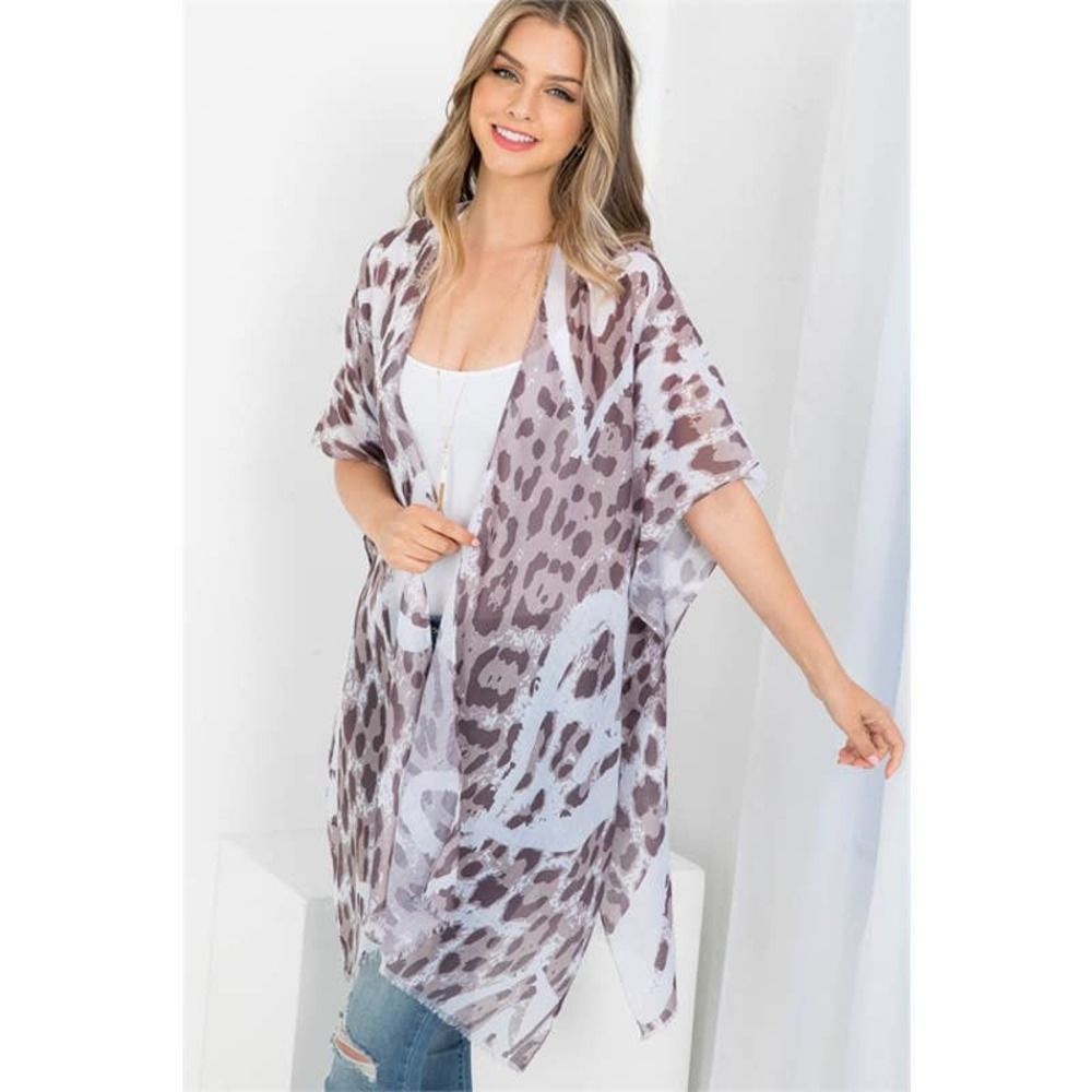 Gray Leopard Heart Print Open Front Kimono - Picture 1 of 6